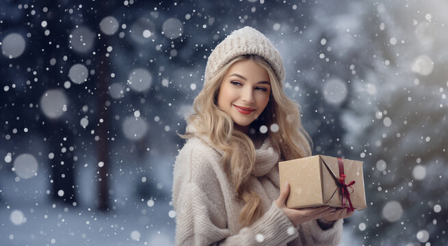 Beautiful cheerful young woman with Christmas or new year present. Positive emotions. Snowy weather. Poster, invitation, flyer, banner, header, greeting card. Holiday packing. Generative AI content