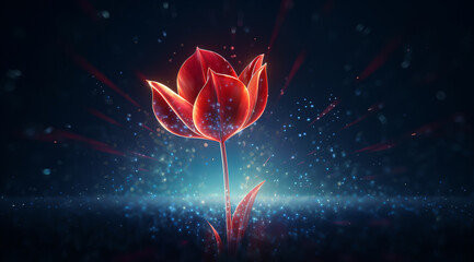 A detail of glowing red tulip with an abstract neon outline set against a starry night backdrop.