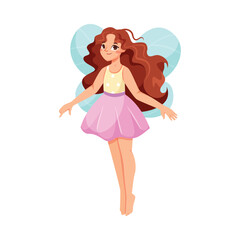 Beautiful Fairy and Pixie in Pink Dress with Wings Vector Illustration