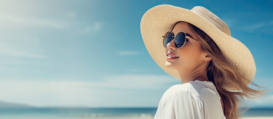 The woman with her white hat and stylish sunglasses basked under the summer sun at the beach, enjoying the sea, water, and sky while exuding a healthy and beautiful aura, embodying the essence of a - obrazy, fototapety, plakaty