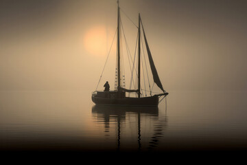 A Sailboat Against the Rising Sun in a Foggy Haze.