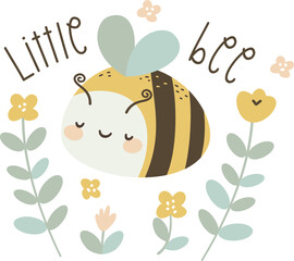 Flat vector children's illustration. Print for printing on children's products. Cute bee with flowers and inscription Little bee. . Vector illustration