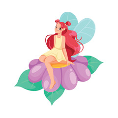 Beautiful Fairy and Pixie in Yellow Dress with Wings Sit on Flower Vector Illustration
