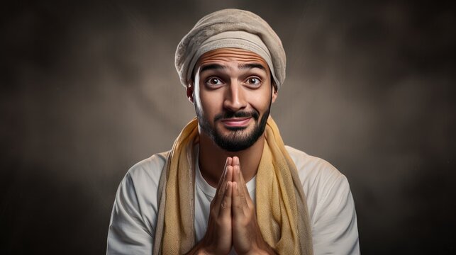 a man offering up a so-so prayer with an undecided frame of mind, pulling a comical face as he looks to Heaven.