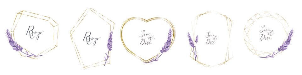 Floral Collection. A set of frames for wedding design. Lavender, gold frames. Cute lavender sprigs in monochrome purple color. . Vector illustration - obrazy, fototapety, plakaty