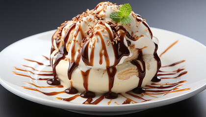 Freshness and indulgence on a plate of homemade chocolate cake generated by AI