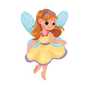 Cute Fairy and Little Pixie with Wings in Dress Vector Illustration