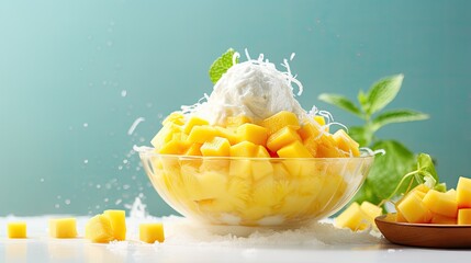 At the summer table, a refreshing dessert awaits a Japanese Bingsu. With a snowy white base of ice, milk, and cream, it's topped with tropical yellow mango, fruit, and drizzles of cheese.