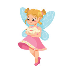 Cute Fairy and Little Pixie with Wings Hold Bunny Vector Illustration