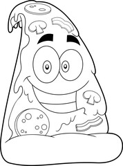 Outlined Smiling Pizza Slice Cartoon Character. Vector Hand Drawn Illustration Isolated On Transparent Background
