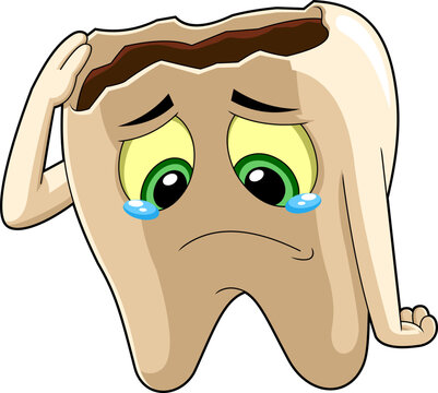 Sick Tooth Cartoon Character With Caries Crying. Vector Hand Drawn Illustration Isolated On Transparent Background