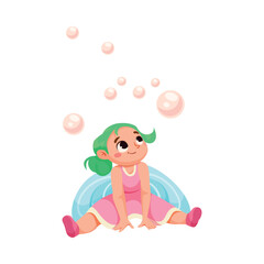 Cute Fairy and Little Pixie with Wings Sit Among Soap Bubbles Vector Illustration