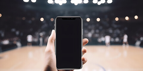 Black smartphone screen in hand of fan against the backdrop of basketball match indoors.