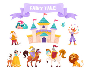 Fairytale Characters with Mermaid, Gnome, Jester, Snow White, Knight and Lion King Vector Set