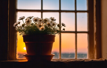Beautiful bouquet of daisies in a pot on the windowsill