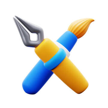 ink pen tool and paint brush crossed for creative talent project 3d icon illustration render design