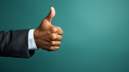 A person making a thumbs-up gesture against a blue