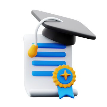 certificate paper with university graduation toga hat and achievement badge emblem for education concept 3d icon illustration render design
