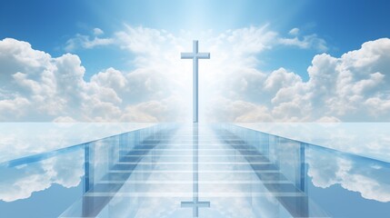 transparent glass ladder or the way to heaven with a shining cross, spirituality and enlightenment concept - obrazy, fototapety, plakaty