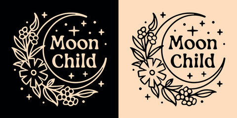 Moon child lettering inside crescent moon. Celestial thin tattoo line art illustration. Modern witch quotes for spiritual girls aesthetic. Boho witchy text for t-shirt design and print vector.