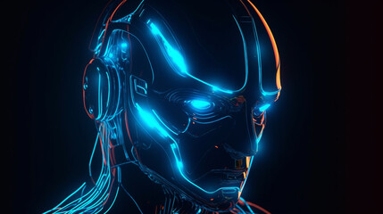 Robot in glowing blue neon colors. AI Generated