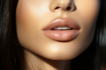 close up of beautiful lips. skin and plump lips with natural makeup. part of face. make-up concept. - obrazy, fototapety, plakaty