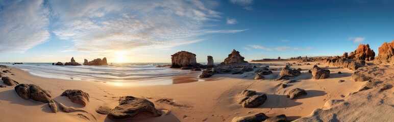Fototapeta na wymiar panoramic view of a sandy beach with rock formations Generative Ai