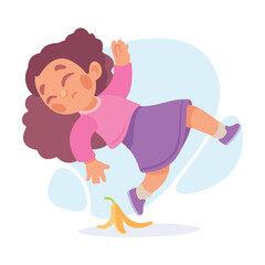 Falling Little Girl Character Slip on the Ground on Banana Peel Vector Illustration