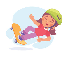 Falling Little Girl Character Slip on the Ground on Skateboard Vector Illustration