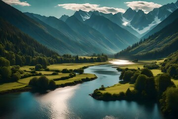 A serene river winding through a peaceful valley with distant mountains