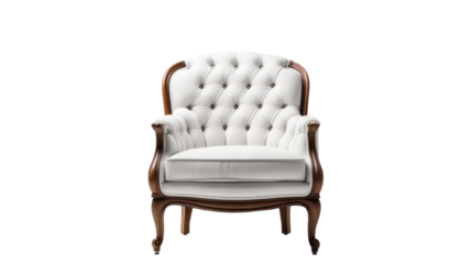 White fabric classical art deco style armchair isolated on transparent background with clipping path