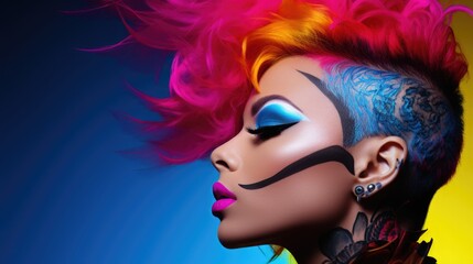 Naklejka premium A bright portrait of a punk rock girl with a spectacular mohawk hairstyle in neon pink and electric blue tones on a rich yellow background