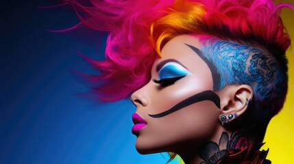 A bright portrait of a punk rock girl with a spectacular mohawk hairstyle in neon pink and electric blue tones on a rich yellow background