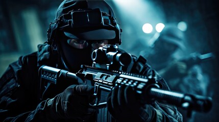 Fototapeta na wymiar Tactical precision in the shadows! Unrecognizable, concentrated male squad fighter in black protective gear aims through rifle lens in a dark room.