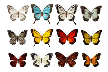 Big collection of colorful butterflies isolated on transparent
