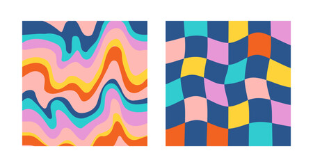 1970 Trippy Checkerboard and Wavy Swirl Pattern Set. Vector Illustration. Seventies Style, Groovy Background, Wallpaper, Print. Flat Design, Hippie Aesthetic.