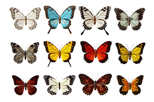 Big collection of colorful butterflies isolated on transparent