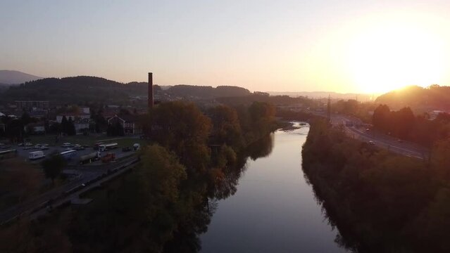View of the Besaya river in Torrelavega with aerial drone view