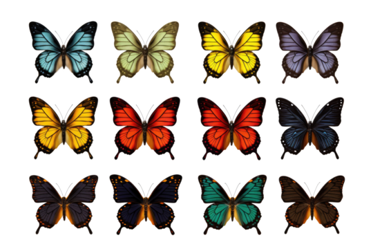 Big collection of colorful butterflies isolated on transparent