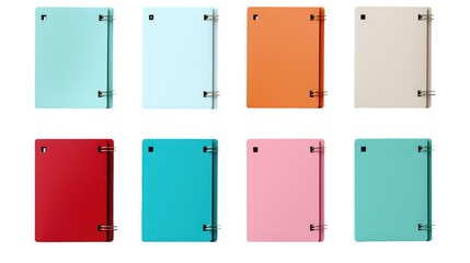 Many different colored notebooks isolated on transparent, top view. School stationery