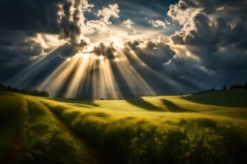 Sunbeams piercing through heavy clouds, creating a dramatic play of light on a tranquil meadow.