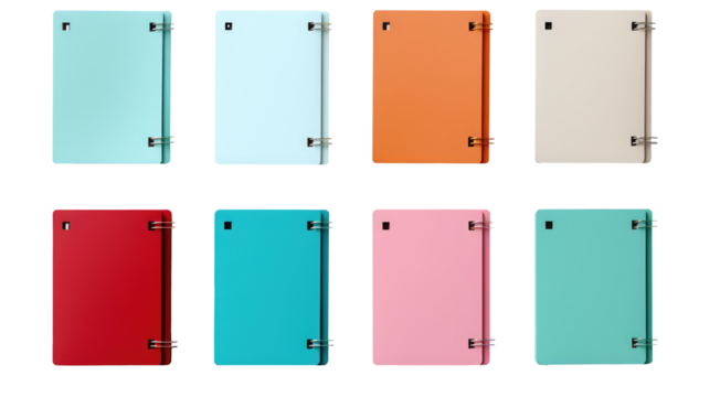 Many different colored notebooks isolated on transparent, top view. School stationery