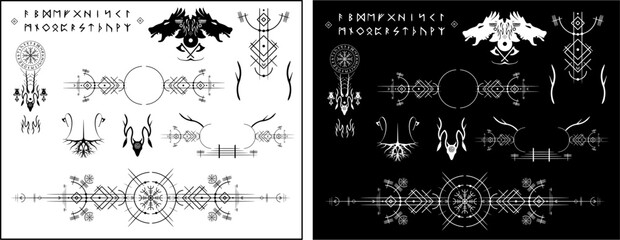 Vektor Set: Magische Wikinger Runen, Tattoos, Symbole und Ornamente - obrazy, fototapety, plakaty