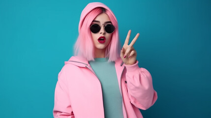 The woman points her finger into the void on the blue background. AI Generated