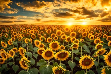 A vast field of sunflowers stretching towards the horizon under a sky adorned with scattered, fluffy clouds.
