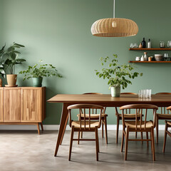 Wooden dining table and chairs against green wall. Scandinavian, mid-century home interior design of modern dining room. 