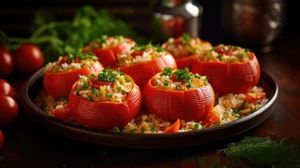 Turkish culinary delight! Traditional stuffed tomatoes with rice and olive oil, showcasing the rich...