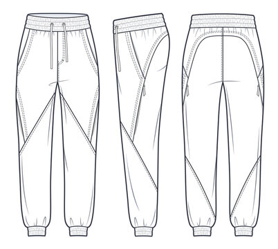 Jogger Pants fashion flat technical drawing template. Sports Sweat Pants technical fashion Illustration, side pockets, elastic waistband, front, side, back view, white, women, men, unisex CAD mockup.