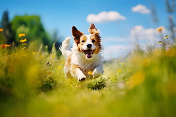 Illustration of a dog running happily in a green field. The beautiful blue sky, floating white clouds are bright and pleasing colors that make you feel rejuvenated, refreshed, joyful, and comfortable.
