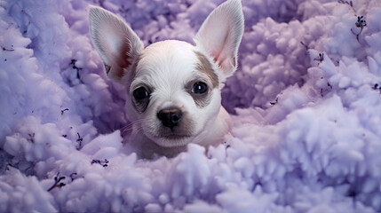 Tiny paws and a wet snout emerging from lavender-scented foam AI generative